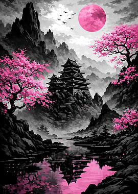 Japanese Castle with Cherry Blossoms