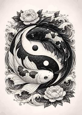Yin Yang Koi Fish and Flowers