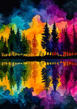 Vibrant Watercolor Forest Lake Reflection