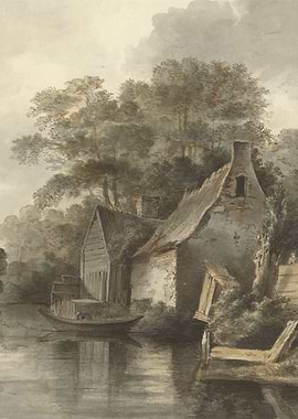 Watercolor painting of a rustic mill by a river
