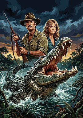 Man and Woman Confronting a Crocodile