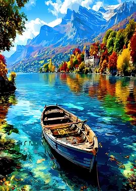Autumn Lakeside Mountain Landscape with Boat