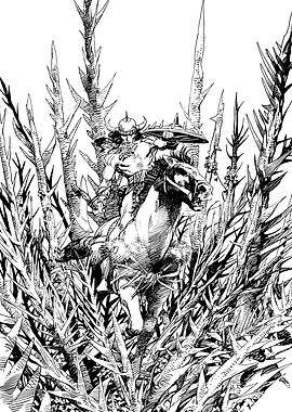 Barbarian Warrior on Horseback in Thorny Thicket