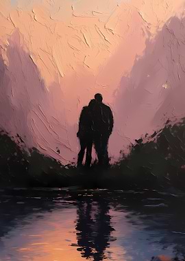 Couple silhouetted against sunset reflection