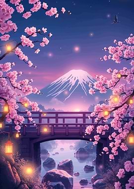 Mount Fuji Cherry Blossoms and Bridge