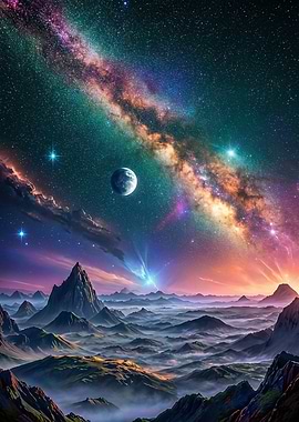 Cosmic Landscape with Mountains and Nebula