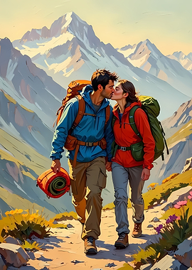 Couple kissing on mountain hike