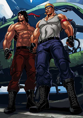 Two muscular heroes in front of a vehicle