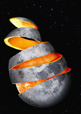 Peeled Moon with Orange Core in Space