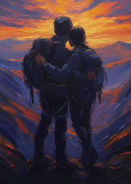 Couple embracing at sunset in mountains