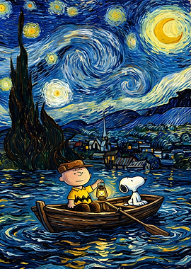 Charlie Brown and Snoopy in Starry Night