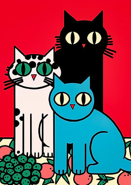 Three Stylized Cats with Fruit