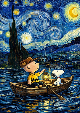 Charlie Brown and Snoopy in Starry Night