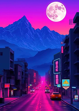 Cyberpunk Cityscape with Mountains and Moon