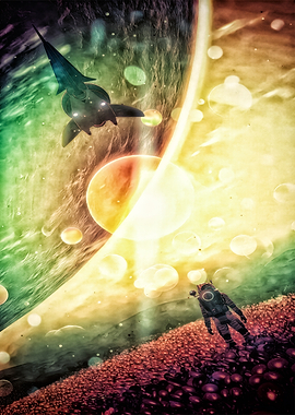 Astronaut and Spaceship in Alien Galaxy