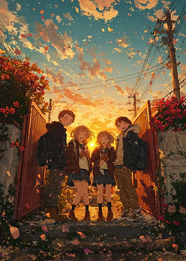 Four friends at sunset