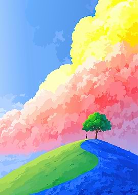 Vibrant Hilltop with Lone Tree and Figure
