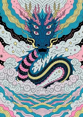 Mystical Blue Dragon in Clouds