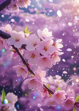 Cherry Blossoms with Water Droplets