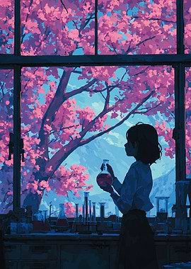 Girl in Lab with Cherry Blossoms