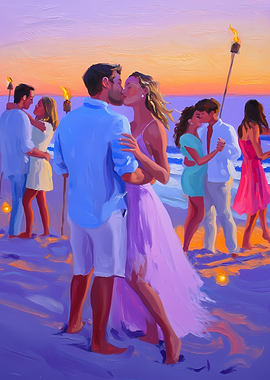 Couples dancing on a beach at sunset