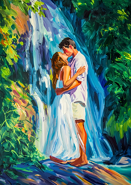 Couple kissing by a waterfall
