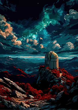 Observatory on a Mountain Under a Starry Sky