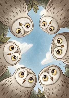Cute Owls Looking Down from Trees