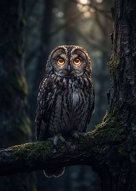 Owl perched on a mossy branch