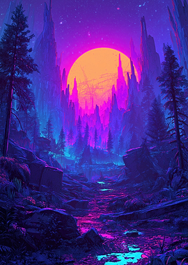 Neon Forest Landscape with Large Sun