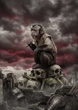 Monkey Smoking on Skulls
