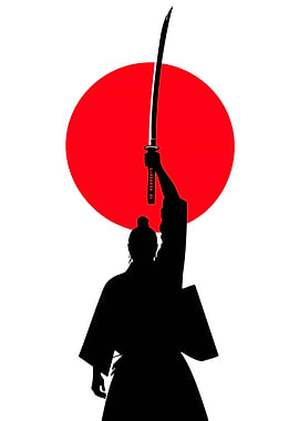 Samurai with Sword and Japanese Flag