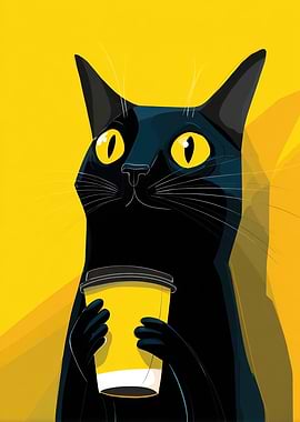 Black Cat Holding Coffee Cup