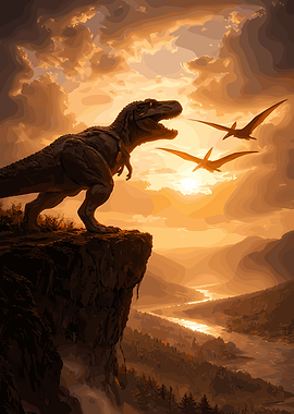 Tyrannosaurus Rex and Pterodactyls at Sunset