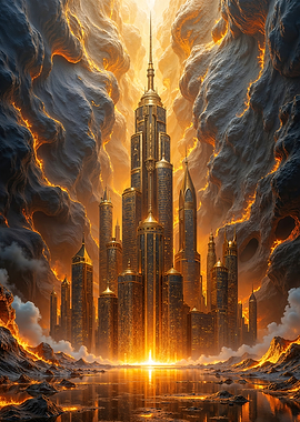 Golden Cityscape in Fiery Clouds