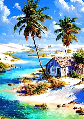 Tropical Beach Hut with Palm Trees