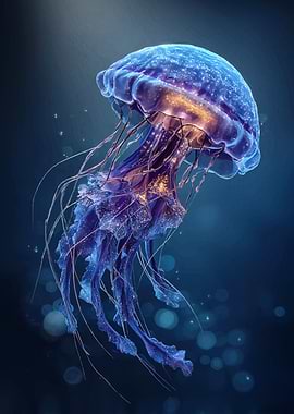 Bioluminescent Jellyfish in Deep Blue Sea