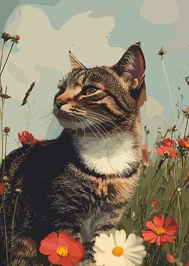 Tabby Cat in a Field of Flowers