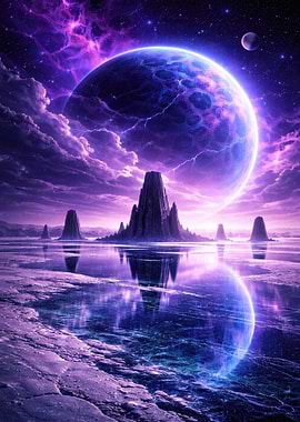 Alien Planet Landscape with Giant Moon