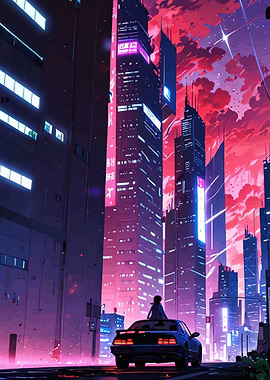 Cyberpunk Cityscape with Car and Figure