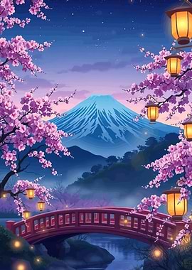 Mount Fuji Cherry Blossoms and Bridge