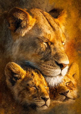 Sleeping Lioness and Lion Cubs