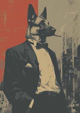 Dapper Dog in Tuxedo Smoking Cigar