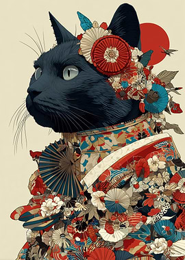 Black Cat in Japanese Kimono
