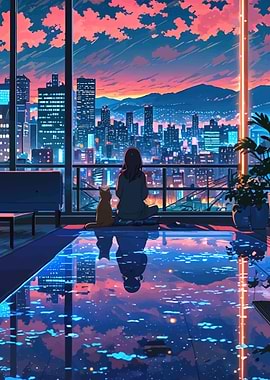 Girl and Cat Watching Cityscape at Sunset