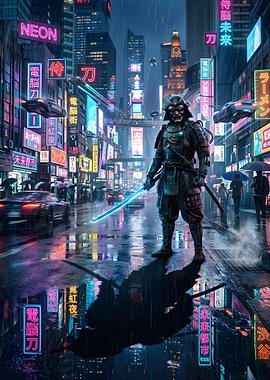 Cyberpunk Samurai in Neon City