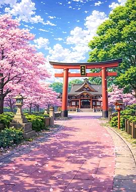 Japanese Shrine with Cherry Blossoms