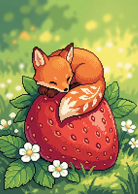 Pixel Art Fox Sleeping on Strawberry