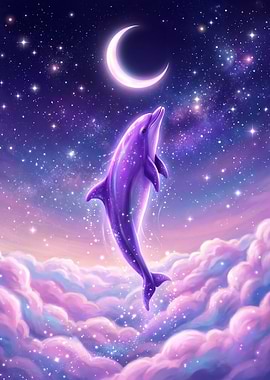 Dolphin leaping in starry night sky