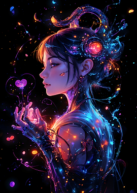 Cyberpunk Anime Girl with Cosmic Heart